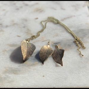 Bronze and Gold Real leaf Earrings & Necklace Set